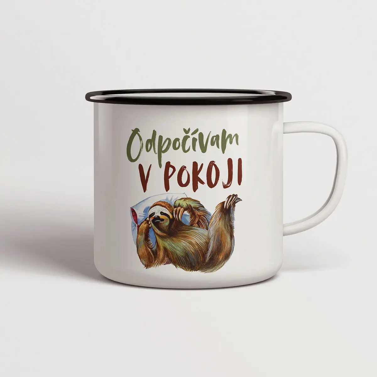 Smaltovaný hrnček Odpočívam v pokoji