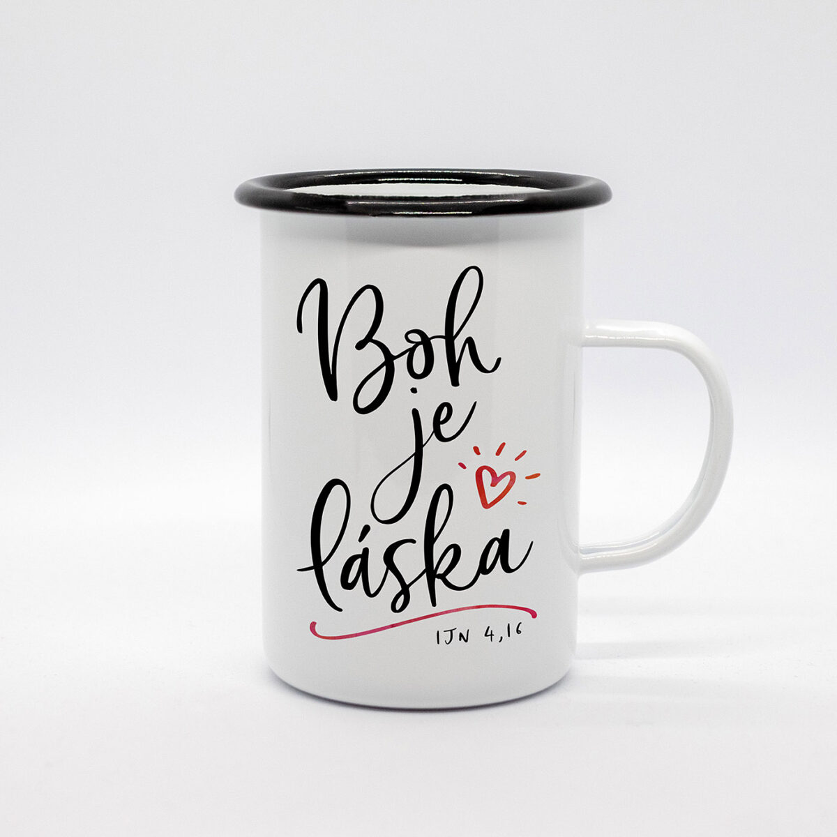 Smaltovaný hrnček vysoký Boh je láska