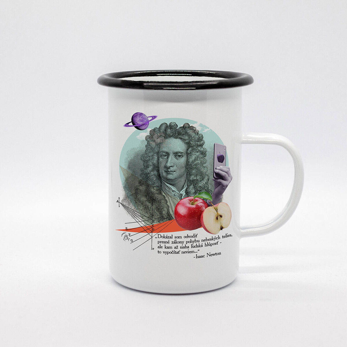 Smaltovaný hrnček vysoký Newton o ľudskej hlúposti